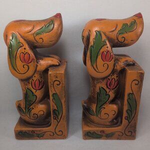 VTG 1950s Ceramic Arnart Creations Dachshund Japan Bookends Orange Rose Floral